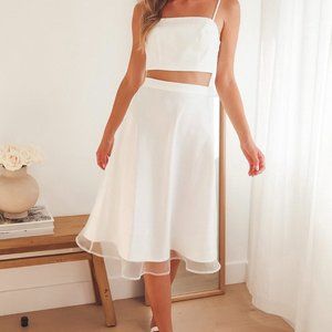What a Darling White Organza Tie-Back Crop Top and Midi Skirt Set